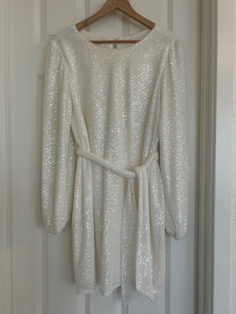 Jenny Yoo White Sequin Long Sleeve Belted Mini Dress Size 18